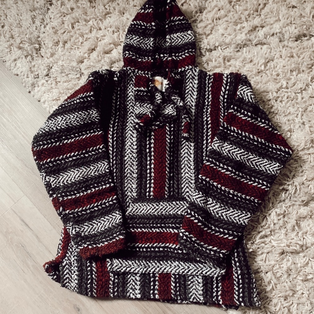 Red Gray and Black drug rug / Mexican poncho
